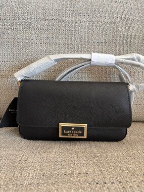 kate spade Black Leather Crossbody with Gold Logo Plaque